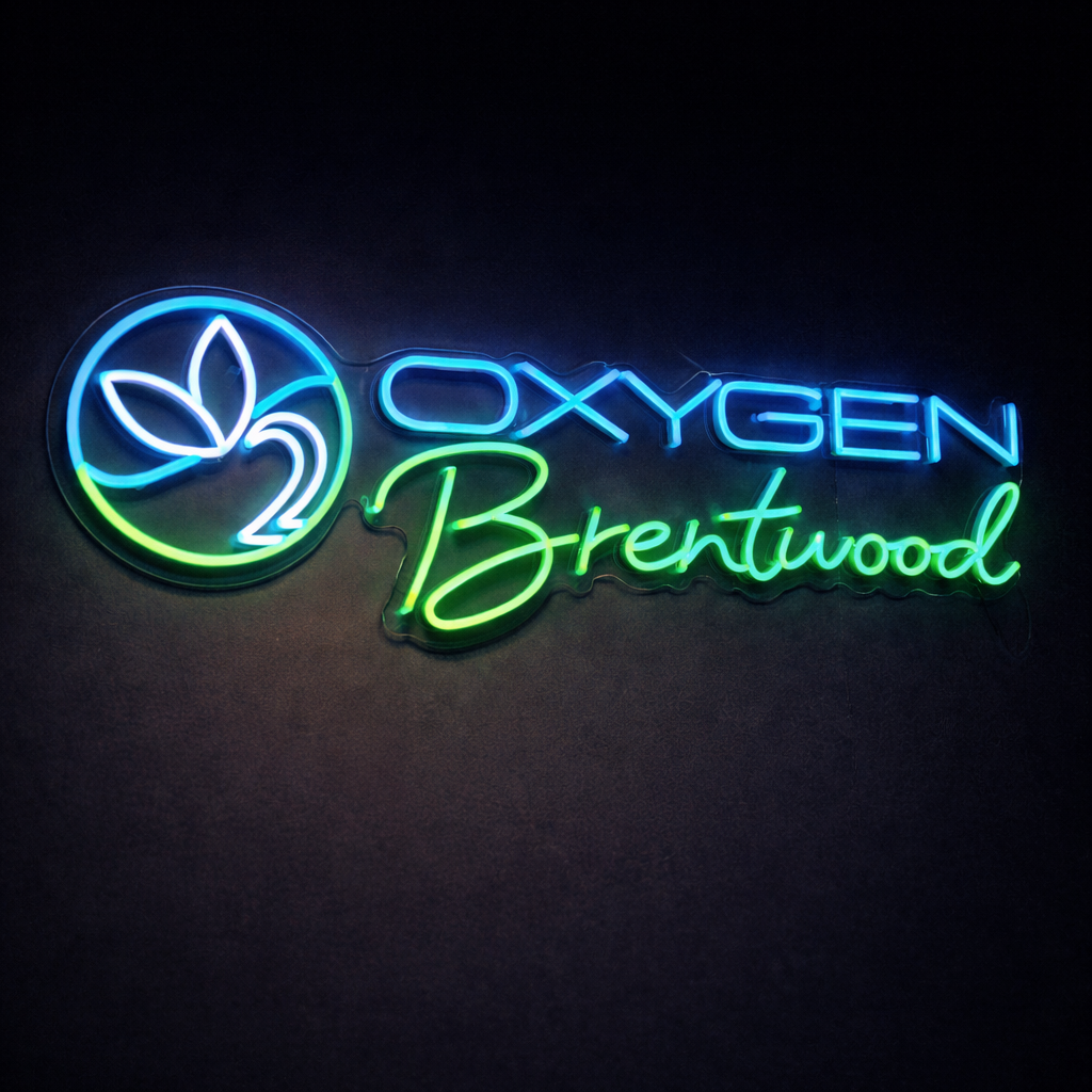 Neon sign logo with 'Oxygen Brentwood' and logo on a dark background