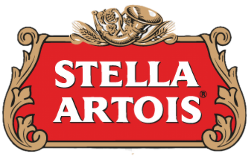 Stella Artois logo on a red background with gold accents