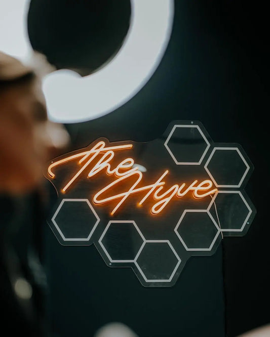 the hyve neon sign for tattoo studio and parlor, neon sign for tattoo storefront