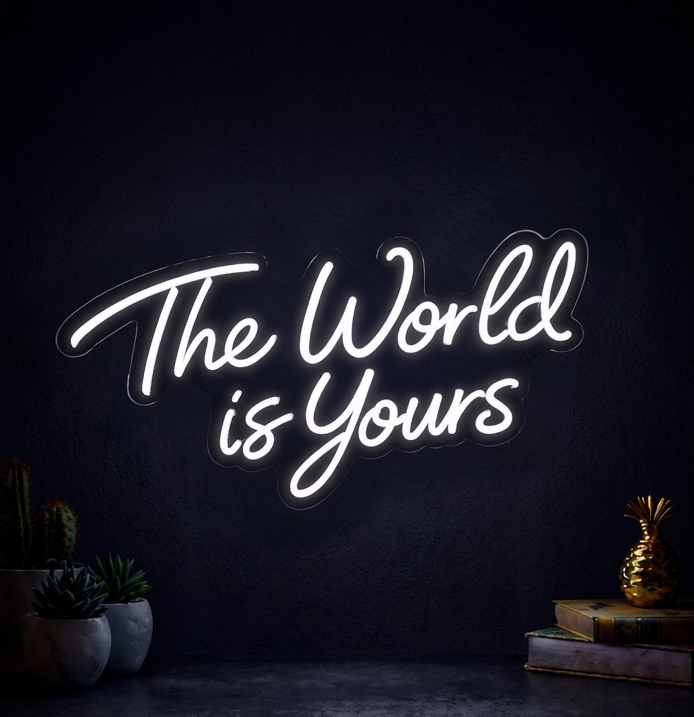 LED neon sign white neon saying the world is yours