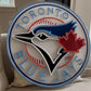 Toronto Blue Jays logo neon sign on a decorative wall piece in a room.