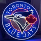 Neon sign of the Toronto Blue Jays logo on a dark background