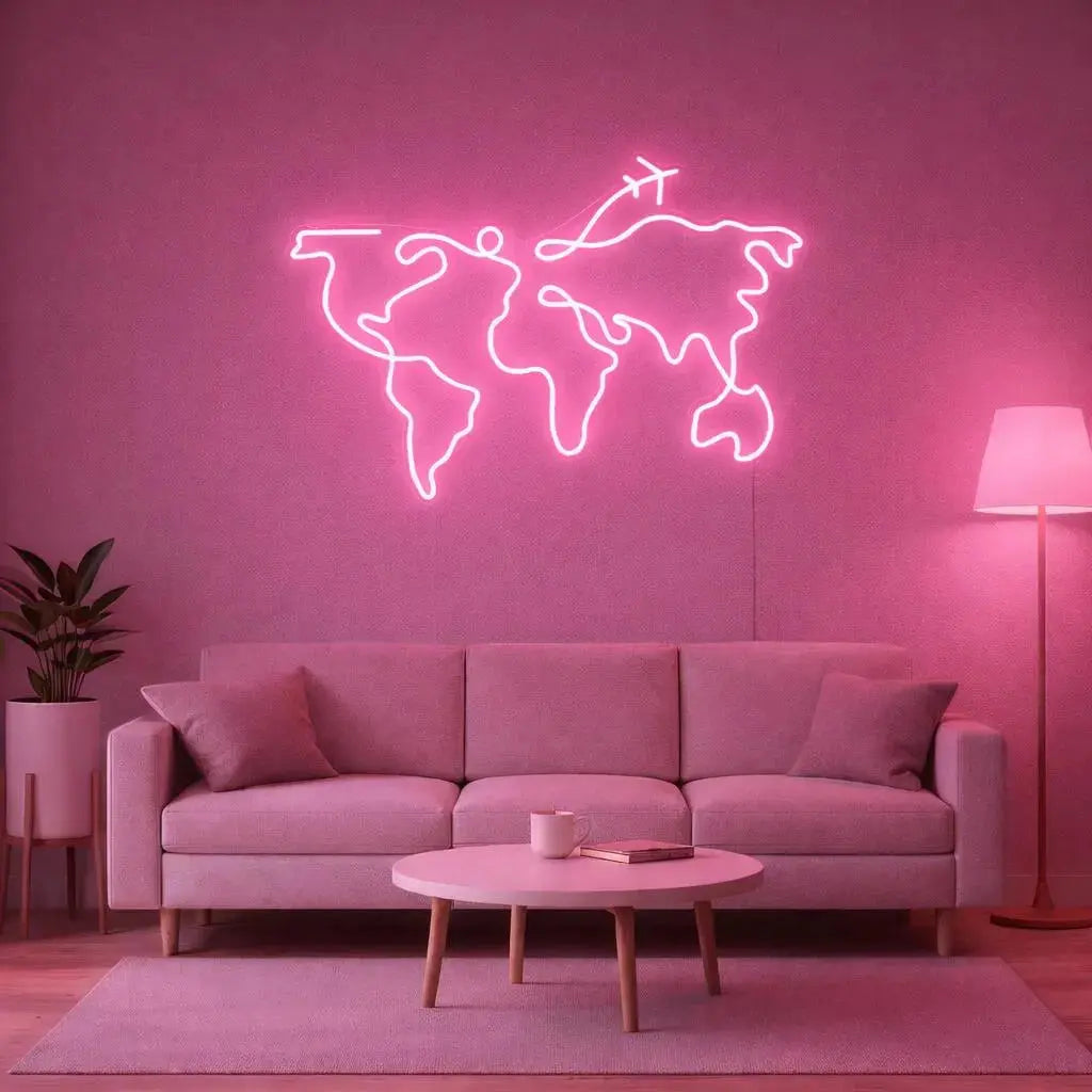 LED NEON WORLD MAP SIGN | MINIMALIST TRAVEL WALL DECOR Nightglow Studio